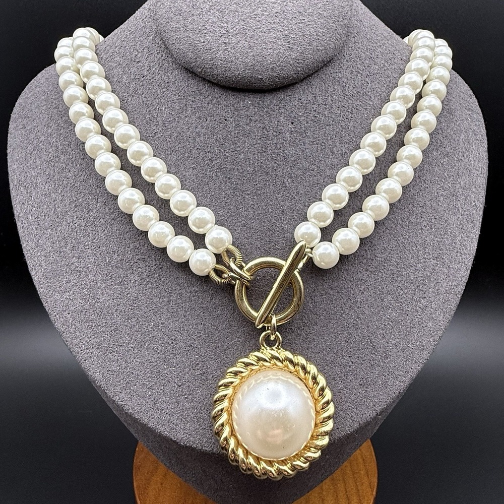 Vintage Talbots Faux Pearl Double Strand Necklace Gold Tone Toggle Statement Y2K